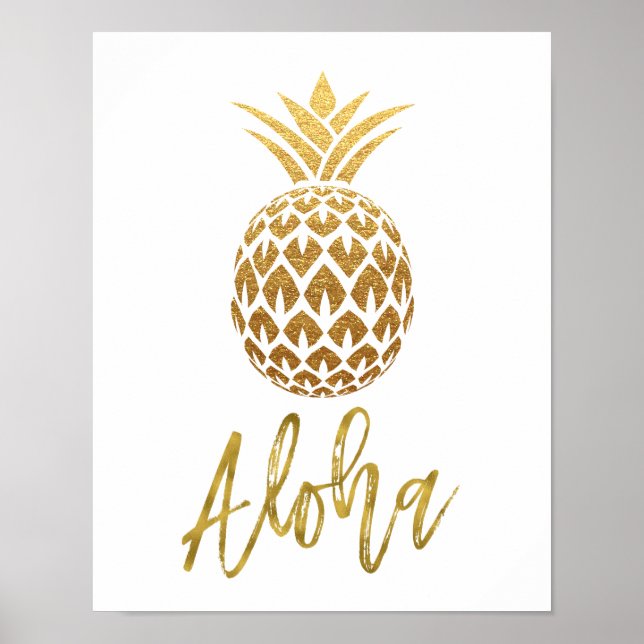 Aloha Tropical Pineapse White and Gold Foil Poster (Vorne)