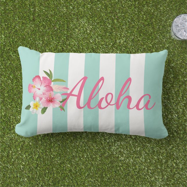 Aloha Tropical Pink Blume und Aqua Blue Streifen Kissen Für Draußen (Gras)