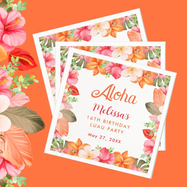 Aloha Tropical Pink & Coral Floral Luau Birthday  Serviette (Von Creator hochgeladen)
