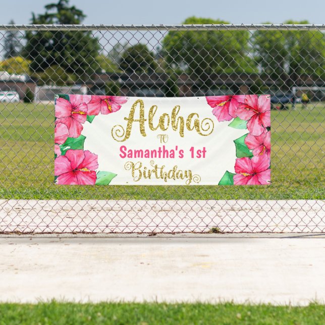 Aloha Tropical Pink Gold Geburtstagsparty Banner (Insitu)