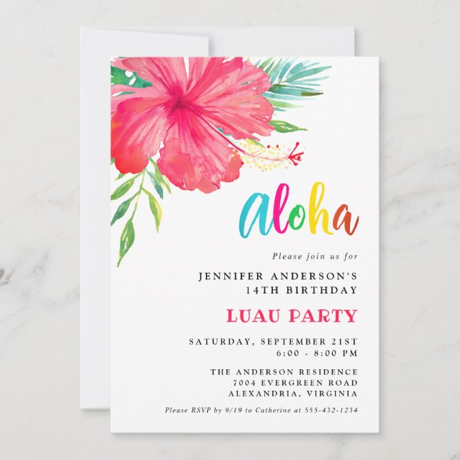 Aloha Tropical Pink Hibiskus Floral Luau Birthday Einladung (Vorderseite)