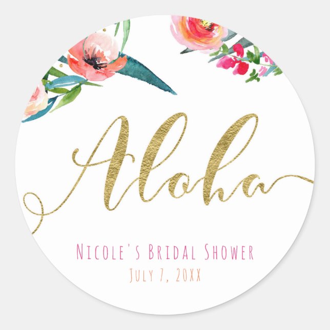 Aloha Tropical Summer Floral Brautparty Bevorzugun Runder Aufkleber (Vorderseite)