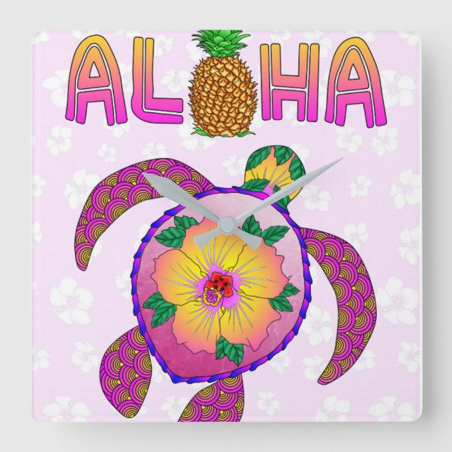 Aloha Tropical Turtle Quadratische Wanduhr (Vorderseite)