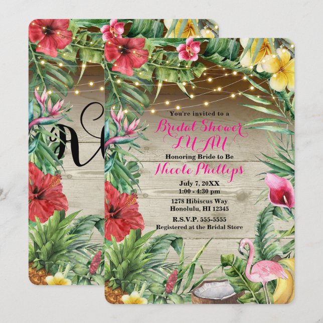 Aloha Tropical Wood Floral Blätter & Lights Bridal Einladung (Vorne/Hinten)