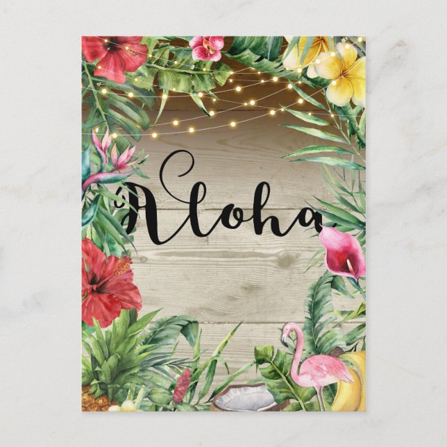 Aloha Tropical Wood Floral Blätter & Lights Summer Ankündigungspostkarte (Vorderseite)