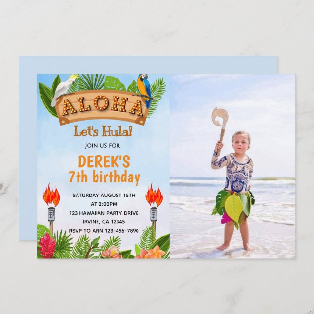 Aloha Tropical zum Geburtstag Einladung mit Foto (Vorne/Hinten)
