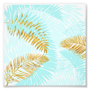 Aloha-Tropische Goldmetallfolien-Aqua-Palmblätter Fotodruck