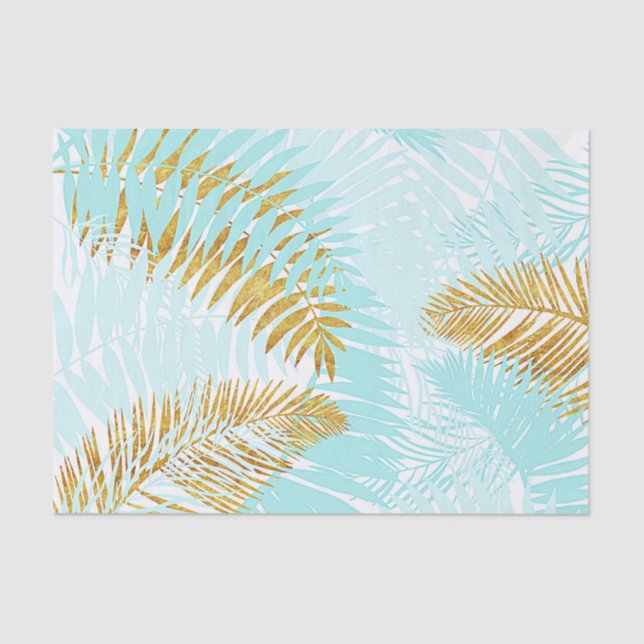 Aloha-Tropische Goldmetallfolien-Aqua-Palmblätter Seidenpapier (Vorderseite)