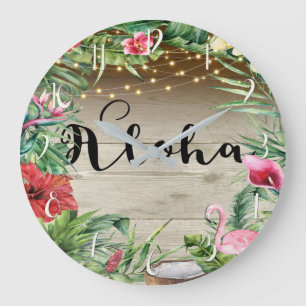 Aloha Tropisches Holz Florale Blätter & Lichter Ch Große Wanduhr