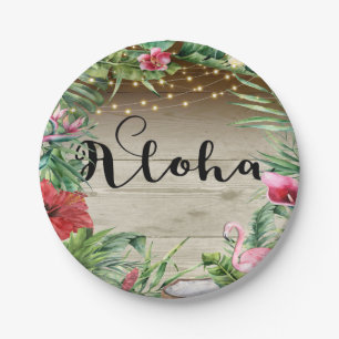 Aloha Tropisches Holz Florale Blätter und Lichter  Pappteller