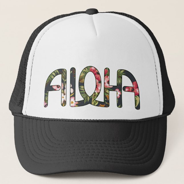 Aloha tropisches Schwarzes Truckerkappe (Vorderseite)