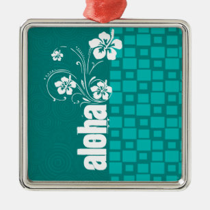 Aloha; Türkis-Quadrate; Retro Silbernes Ornament