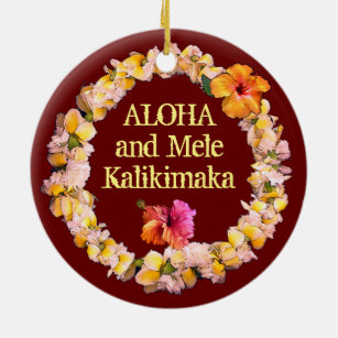 Aloha und Mele Kalikimaka mit einem Lei Keramik Ornament