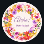 Aloha! Von Hawaii Runder Aufkleber<br><div class="desc">Aloha ist ein fröhlicher Gruß mit dem besonderen hawaiianischen Duft von bunten Blume. Passen Sie diesen Blumenkranz mit Ihrem eigenen Text an und erstellen Sie für jeden Anlass einen einzigartigen Aufkleber.</div>