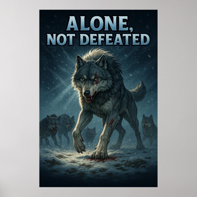 Alone, Not Defeated | Motivational Wolf Art Poster (Vorne)