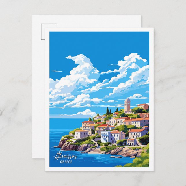 Alonissos Greece Art Vintage Travel Illustration Postkarte (Vorne/Hinten)