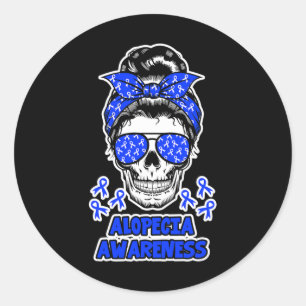 Alopecia Awareness Messy Bun Skull Blue Ribbon für Runder Aufkleber