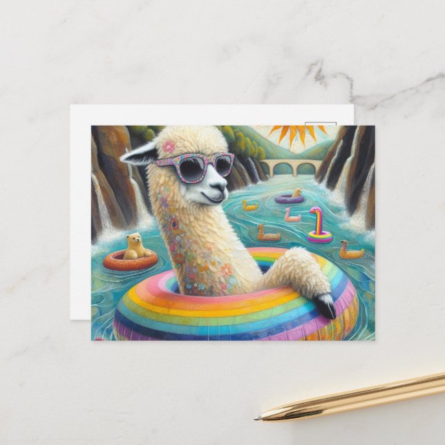 Alpaca auf einem Regenbogenfarbenflock Postkarte (Vorderseite/Rückseite Beispiel)