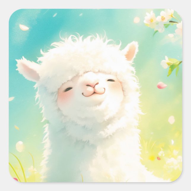 Alpaca Basking in den Blumen Quadratischer Aufkleber (Vorderseite)