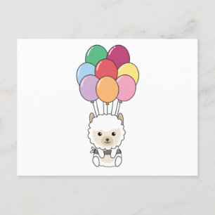 Alpaca fliegt mit farbenfrohen Balloons auf Postkarte
