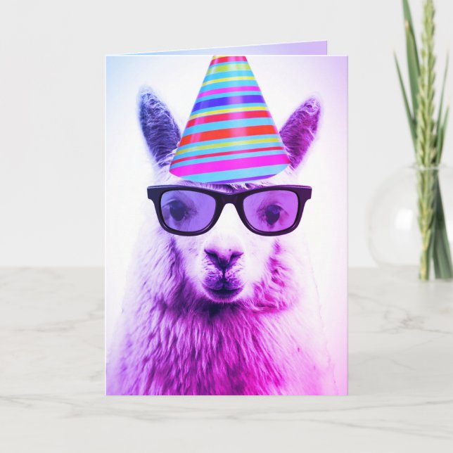 Alpaca in Brille und Party Hat, Geburtstag Karte (Vorderseite)