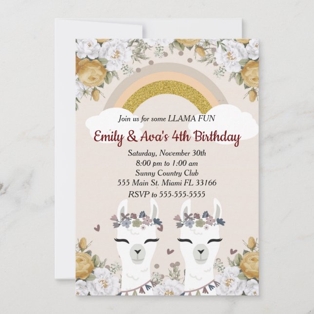 Alpaca Llama Twins Kindergeburtstag Einladung (Vorderseite)