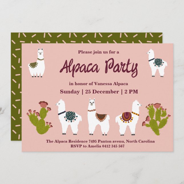 Alpaca Party Cactus Pink Birthday Einladung (Vorne/Hinten)