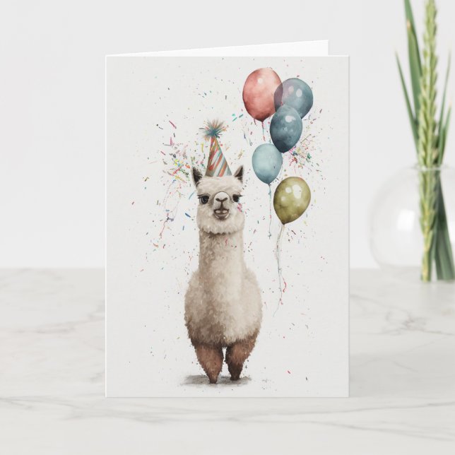 Alpaca Party Hat und Balloons geklappte Grußkarte Dankeskarte (Vorderseite)