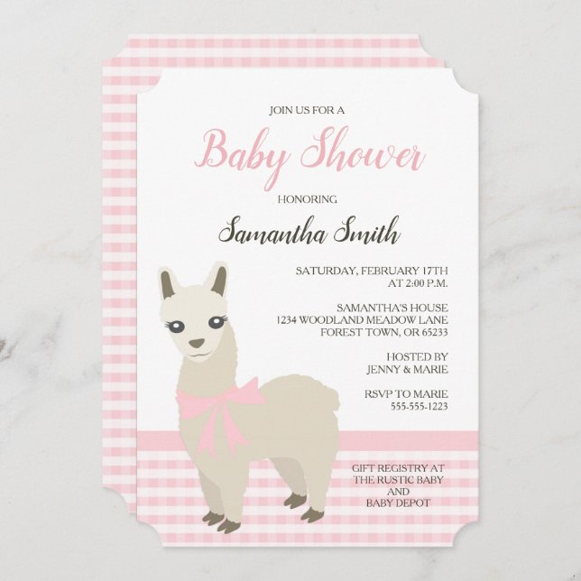Alpaca Pink Babydusche Einladung (Vorne/Hinten)