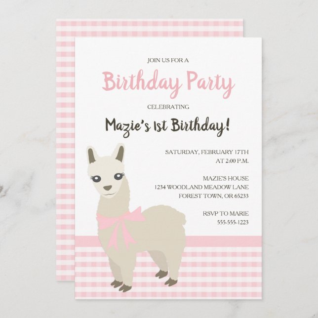 Alpaca Pink Geburtstagsparty Einladung (Vorne/Hinten)