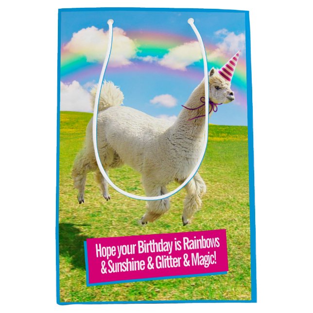 Alpaca Unicorn unter Rainbow Sky Mittlere Geschenktüte (Vorderseite)