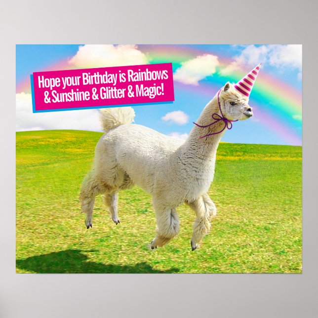 Alpaca Unicorn unter Regenbogen Himmel Poster (Vorne)