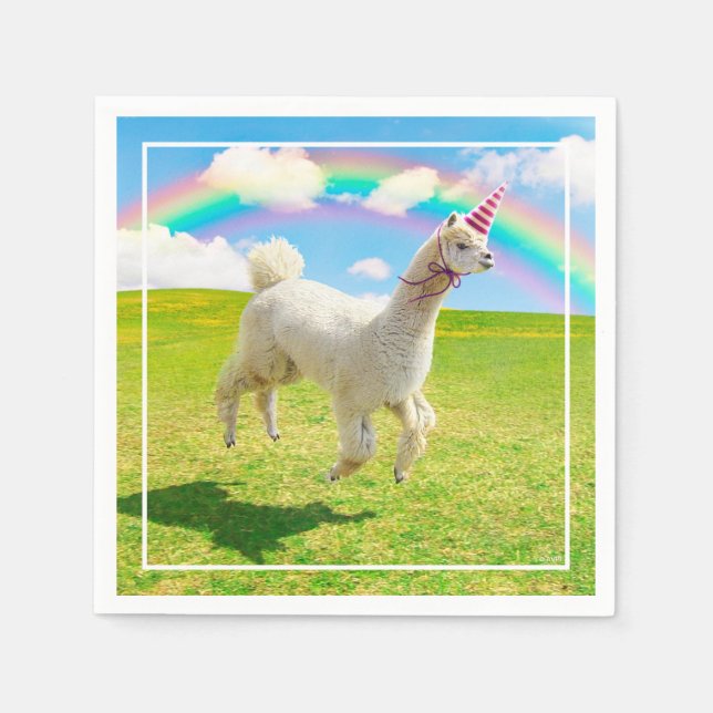 Alpaca Unicorn unter Regenbogen Himmel Serviette (Vorderseite)
