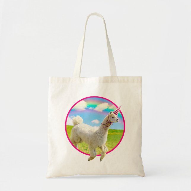 Alpaca Unicorn unter Regenbogen Himmel Tragetasche (Vorne)