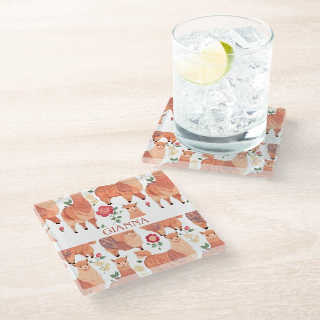 Alpaca Wasserfarbe Personalisiertes Muster Glasuntersetzer (Schrägansicht)