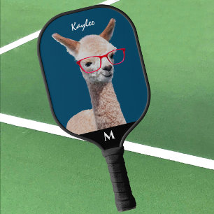 Alpaka in roter Brille, Name und Monogramm Ozeanbl Pickleball Schläger
