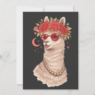 Alpaka mit Blumenkrone und roter Sonnenbrille Einladung