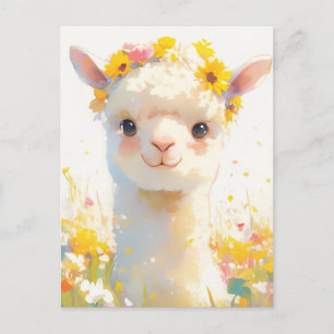 Alpaka mit gelber Blumenkrone Wiese Postkarte