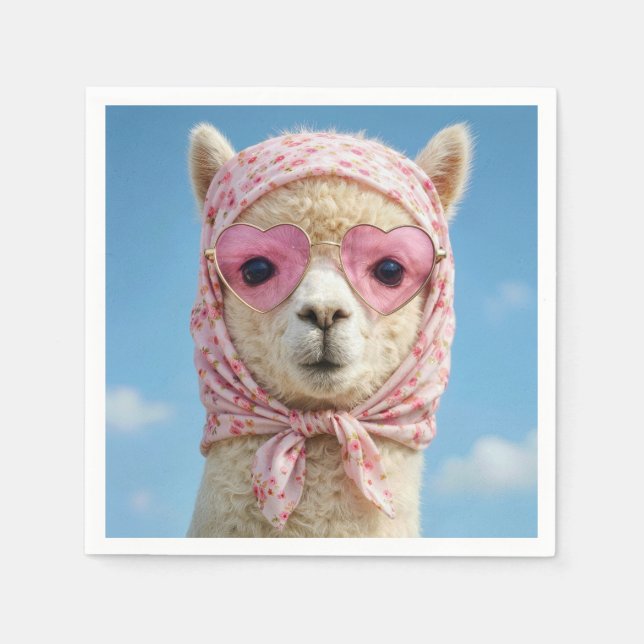 Alpaka mit Kopftuch und Sonnenbrille Serviette (Vorderseite)