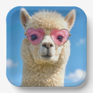 Alpaka mit rosa herzförmiger Brille Pappteller
