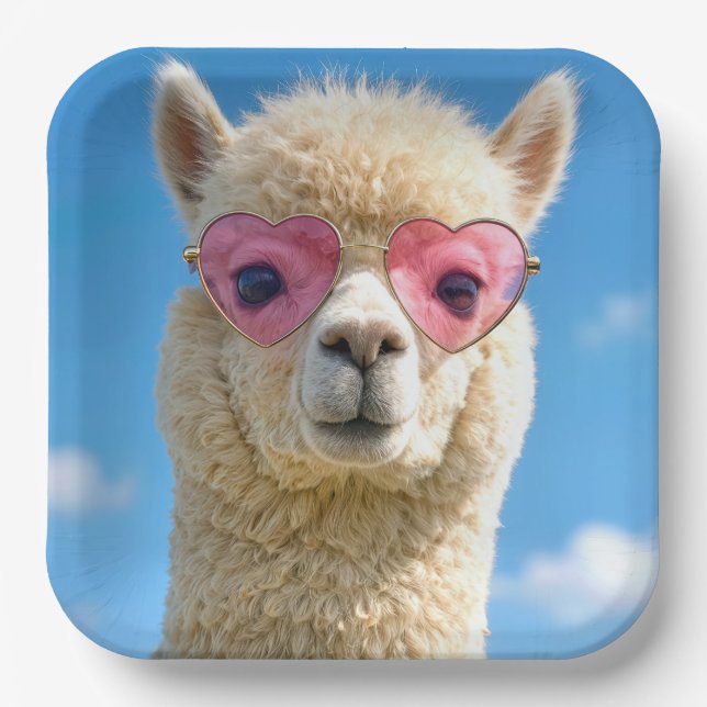 Alpaka mit rosa herzförmiger Brille Pappteller (Vorderseite)
