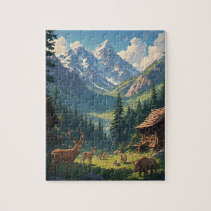 Alpen-Tal-Hütte-Hirsch-Landschaft-Puzzle Puzzle