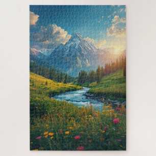 Alpenfluss-Sonnenaufgang – Friedliche Berglandscha Puzzle