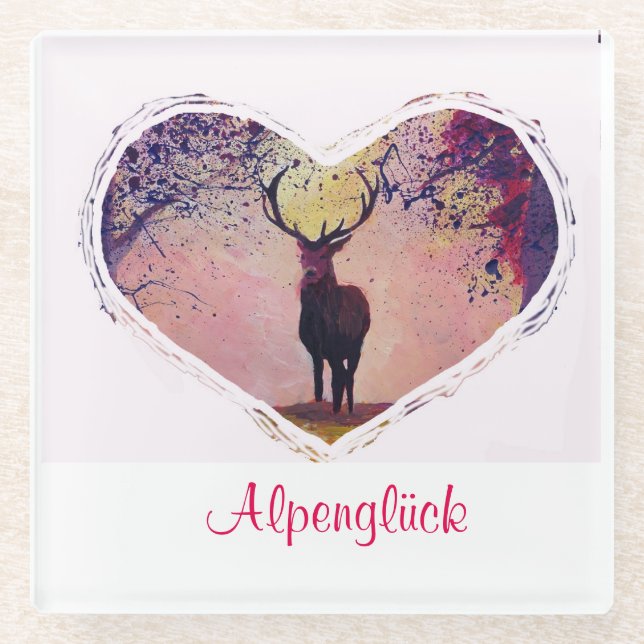 Alpenglück Hirsch Glasuntersetzer (Vorderseite)