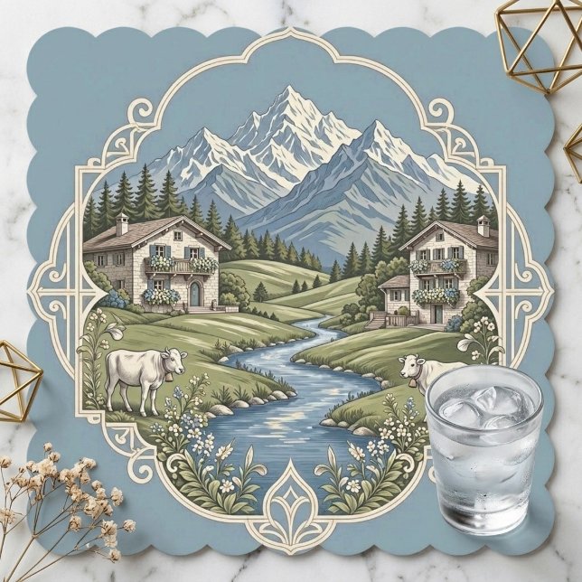 Alpenländliche Weidekühe Rustikale Berge Schnee Untersetzer (Alpine Country Grazing Cows Rustic Mountains Snow Paper Coaster)