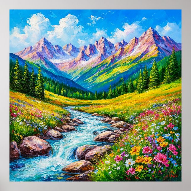 Alpenlandschaft mit blühenden Wildblumen Poster (Vorne)
