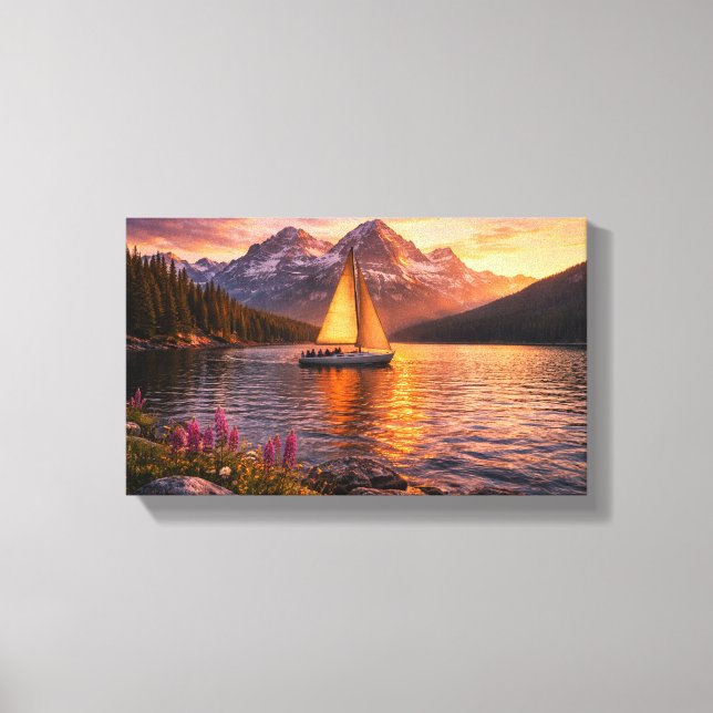 Alpensee-Sonnenuntergang-Segelboot-Leinwand-Wandku Leinwanddruck (Vorderseite)