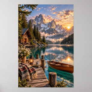 Alpenseehütte Sonnenaufgang Bergwandkunst Poster
