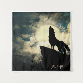 Alpha Wolf heult nachts auf Vollmond Wandteppich
