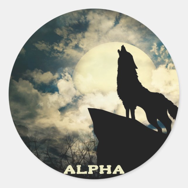 Alpha Wolf Howling am Vollmond Runder Aufkleber (Vorderseite)